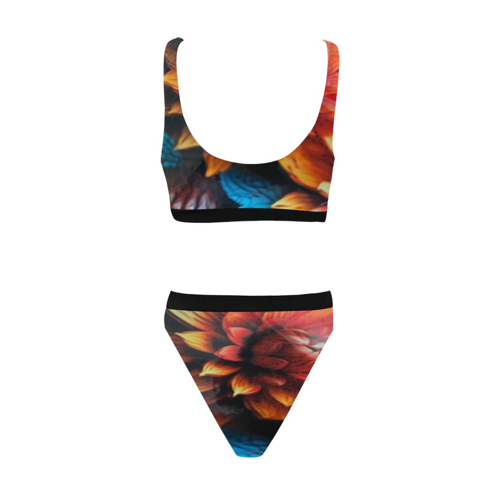 Swimsuit orange floral Sport Top & High-Waisted Bikini (Model S07)