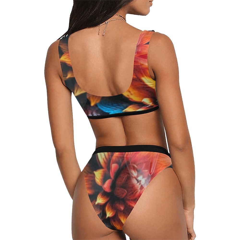 Swimsuit orange floral Sport Top & High-Waisted Bikini (Model S07)