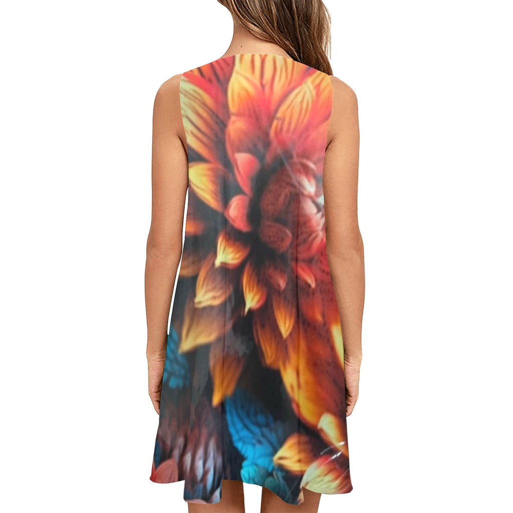 Dress orange floral Sleeveless A-Line Pocket (Model D57)