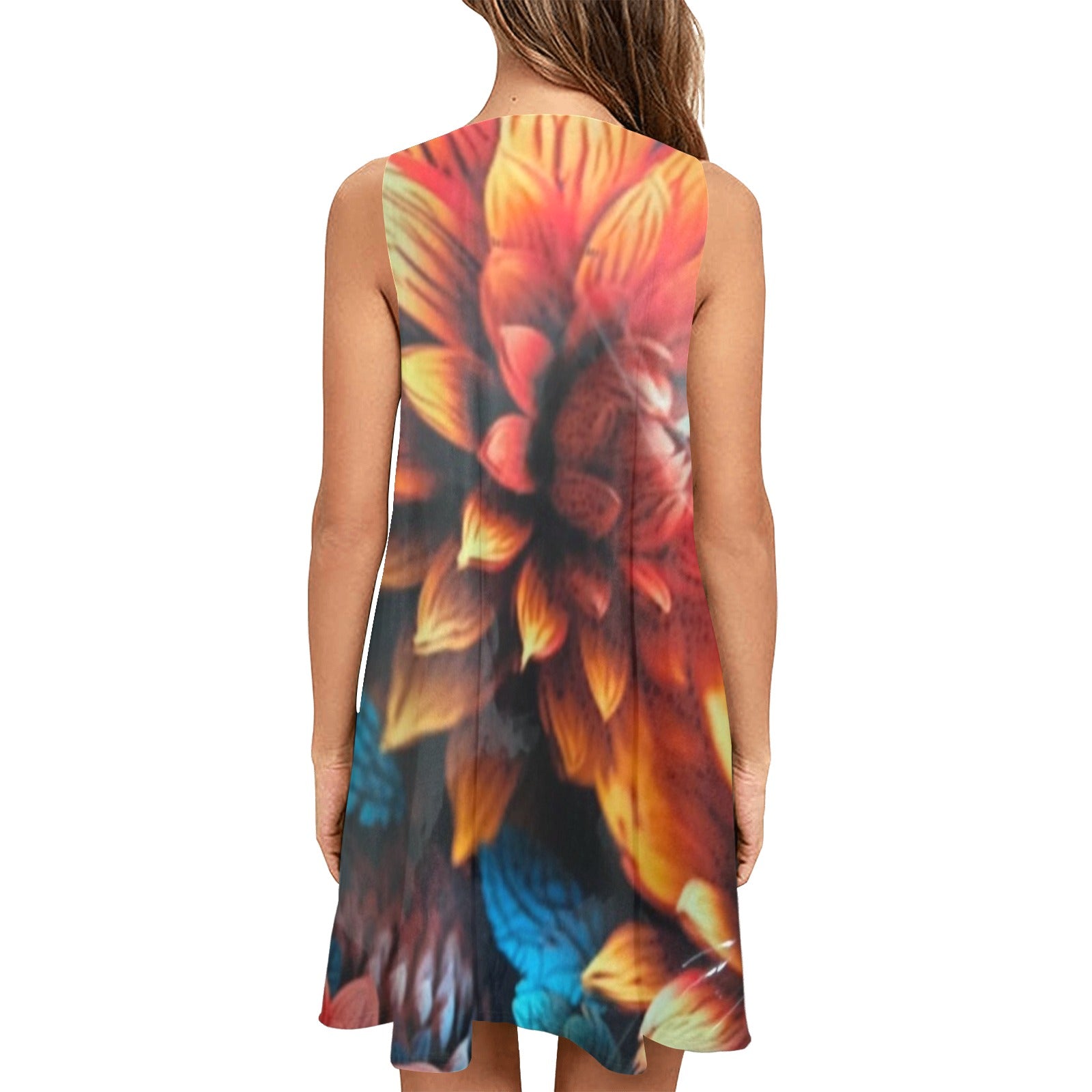 Dress orange floral Sleeveless A-Line Pocket (Model D57)