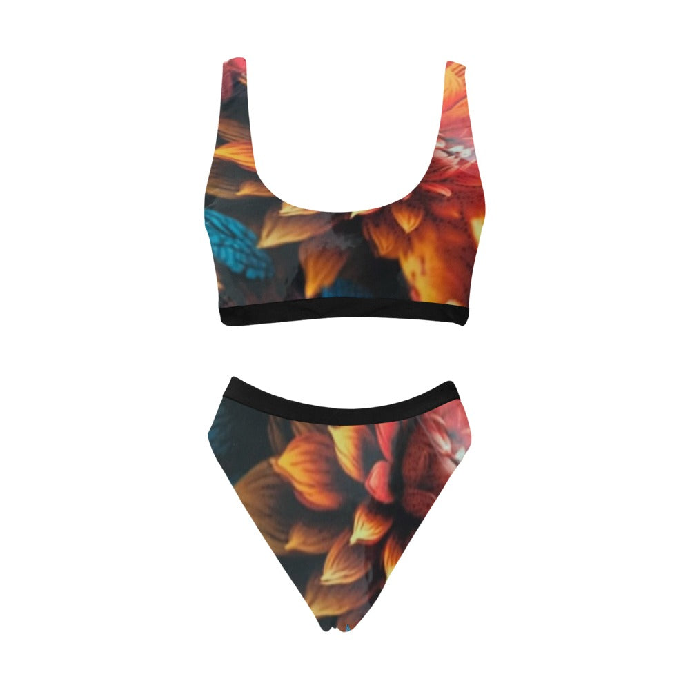 Swimsuit orange floral Sport Top & High-Waisted Bikini (Model S07)